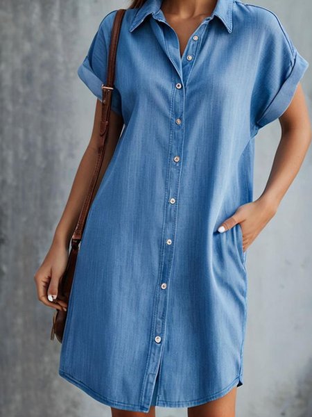 

Shirt Collar Loose Casual Plain Dress, Blue, Dresses