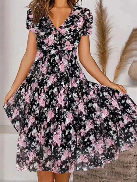

Elegant Cross Floral V Neck Dress, Black, Dresses