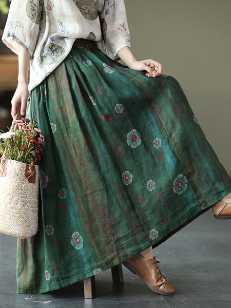 

Vacation Floral A-Line Natural Maxi Skirt, Green, Skirts