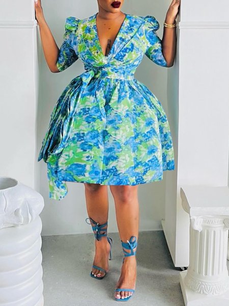 

Daily Elegant Floral V Neck Regular Fit Dress, Blue, Mini Dresses