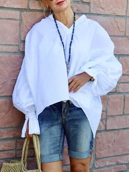 

Daily Long Sleeve Loose V neck Shirt, White, Blouses and Shirts