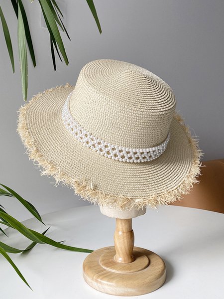 

Beach Vacation Imitation Pearls Fringed Straw Hat, Beige, Hats & Headwear