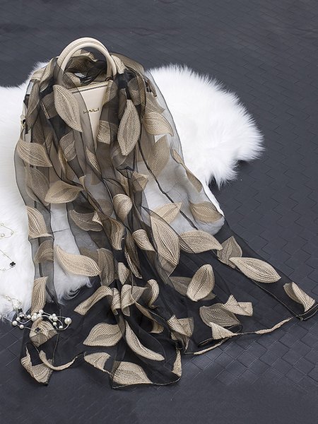 

Elegant Leaf Embroidery Organza Scarf Lightweight Shawl Wrap, Beige, Scarves