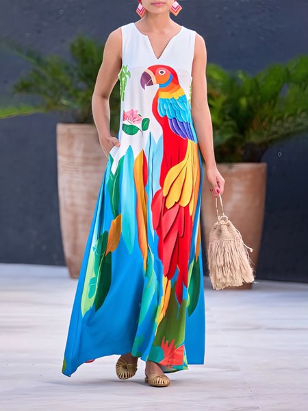 

Daily Vacation Pocket Stitching V Neck Dress, White, Maxi Dresses