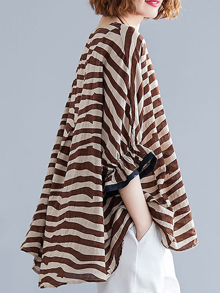 

Crew Neck Long Sleeve Striped Regular Loose Shirt For Women, Coffee, Blouses