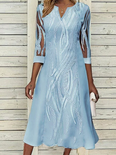 

Women Lace Notched Neck Half Sleeve Formal Elegant Midi Dress Wedding Guest Dress, Light blue, Formal Dresses