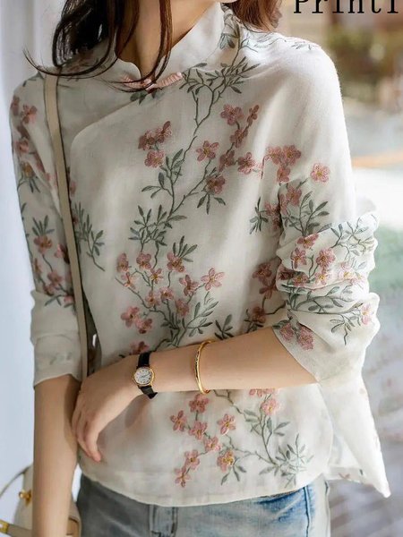 

Stand Collar Long Sleeve Plain Regular Loose Shirt For Women, White, Blouses
