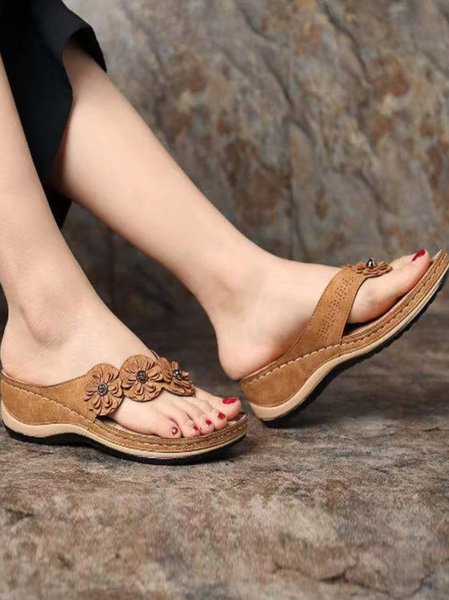 

Casual Plain Slip On Flat Heel Thong Sandals, Brown, Women shoes