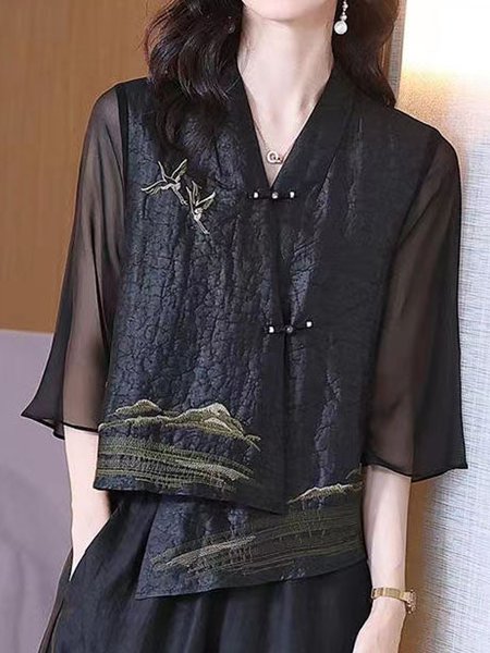 

V Neck Half Sleeve Abstract Regular Loose Blouse For Women, Black, Blouses