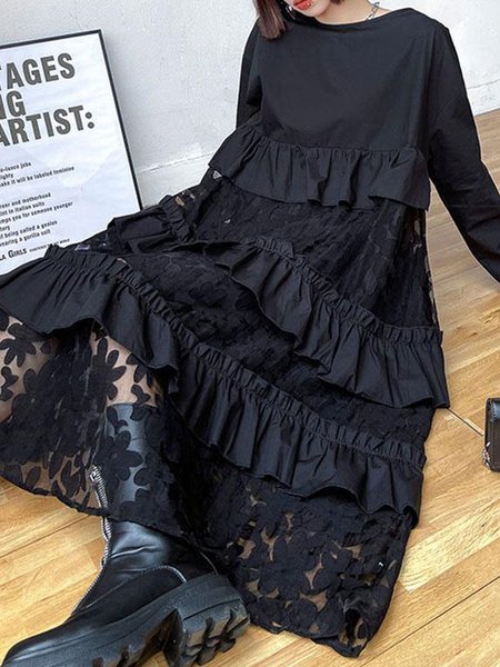 

Women Floral Crew Neck Half Sleeve Comfy Vacation Lace Maxi Dress, Black, Maxi