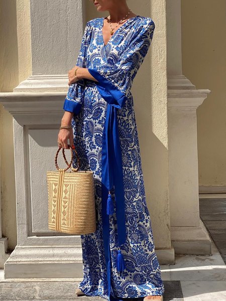 

V Neck Vacation Loose Floral Dress With Belt, Blue, Maxi Dresses