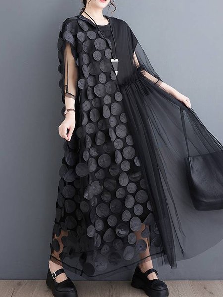 

Women Plain Crew Neck Half Sleeve Comfy Vacation Lace Maxi Dress, Black, Maxi