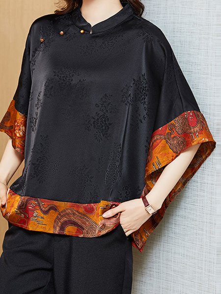 

Asymmetrical Half Sleeve Floral Regular Loose Shirt For Women, Black, Blouses