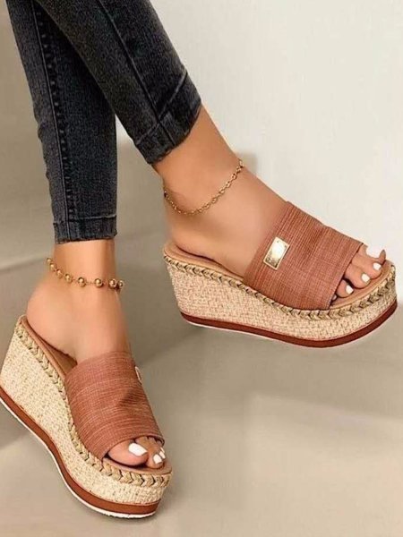 

Casual Plain Slip On Block Heel Wedge Sandals, Light brown, Women shoes