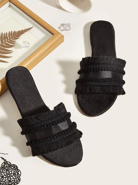 

Elegant Furry Ball Fringe Satin Flat Slide Sandals, Black, Slippers