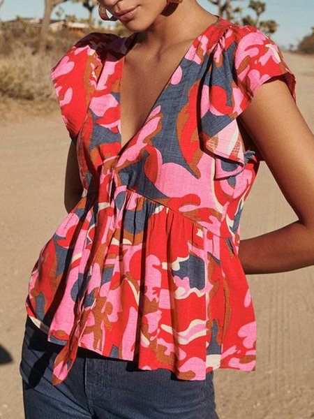 

V Neck Short Sleeve Floral Regular Regular Fit Shirt For Women, Red, Blouses
