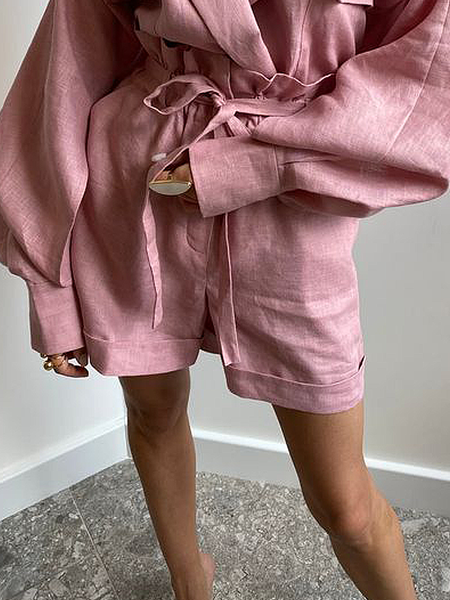 Plain Loose Vacation Shorts Linen Straight Pants, Pink, Shorts