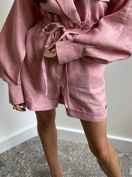 

Plain Loose Vacation Shorts Linen Straight Pants, Pink, Shorts