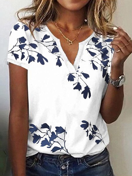 

Women Floral Notched Casual Short Sleeve T-shirt, White, Tees & T-shirts