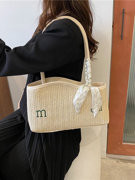 

Letter Embroidery Bow Decor Straw Underarm Bag, Off white, Bags