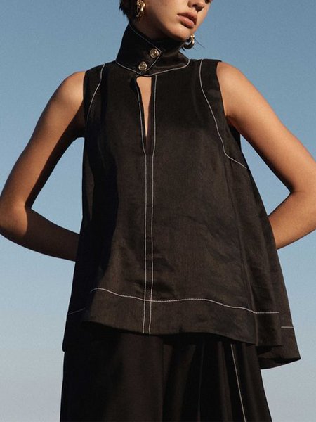 

Stand Collar Urban Plain Loose Shirt, Black, Blouses and Shirts