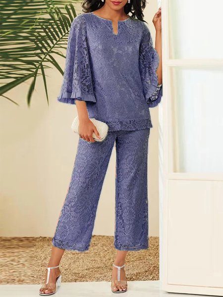 

Elegant Lace Plain Notched Two-Piece Set, Blue purple, Suit Set