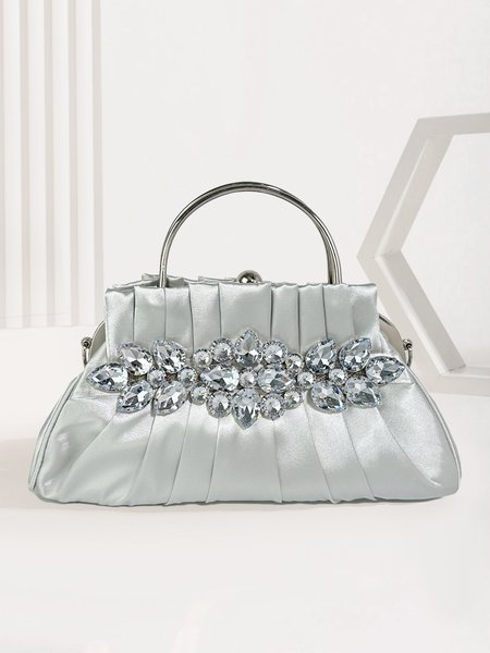 

Elegant Rhinestone Ruched Handbag Metal Chain Strap Evening Clutch Bag, Silver, Bags