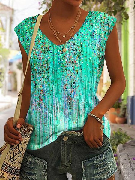 

V Neck Casual Floral Knitted Tank Top, Green, Tanks & Camis