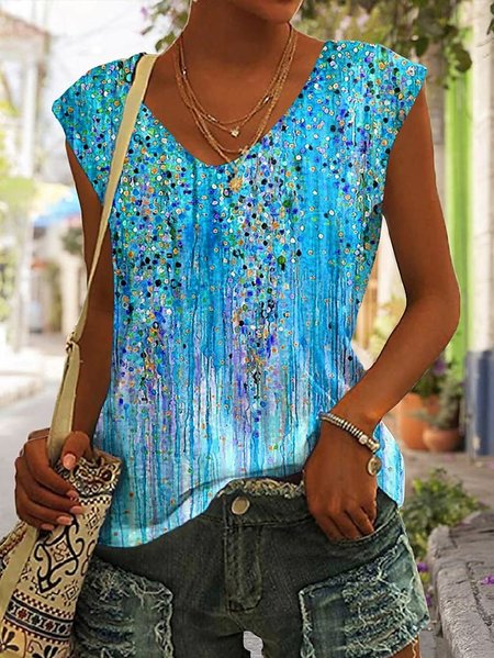 

V Neck Casual Floral Knitted Tank Top, Blue, Tanks & Camis