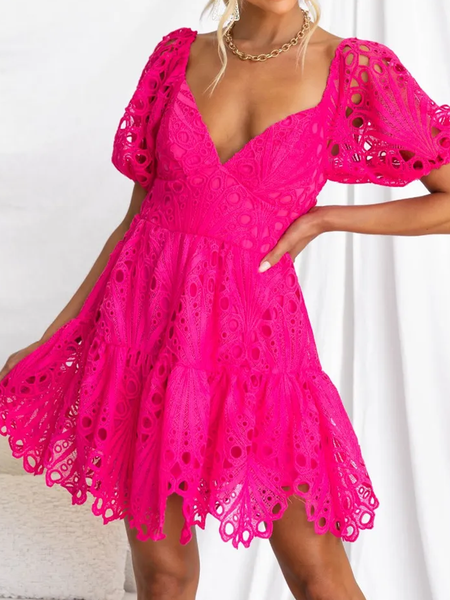 

Women Plain V Neck Short Sleeve Comfy Vacation Short Dress, Rose red, Dresses