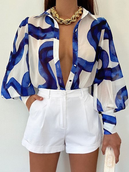 

Vacation Loose Shirt Collar Abstract Blouse, Blue, Blouses and Shirts