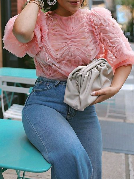

Regular Fit Elegant Crew Neck Short Sleeve Shirt, Pink, Blouses and Shirts