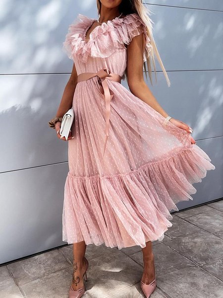 

Women Plain Lotus Leaf Collar Short Sleeve Comfy Casual Lace Maxi Dress, Pink, Midi