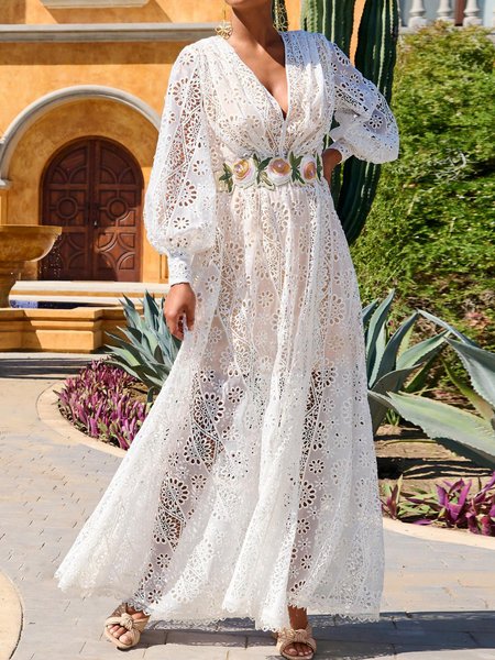 

Women Plain V Neck Long Sleeve Comfy Simple Hollow Out Maxi Dress, White, Maxi