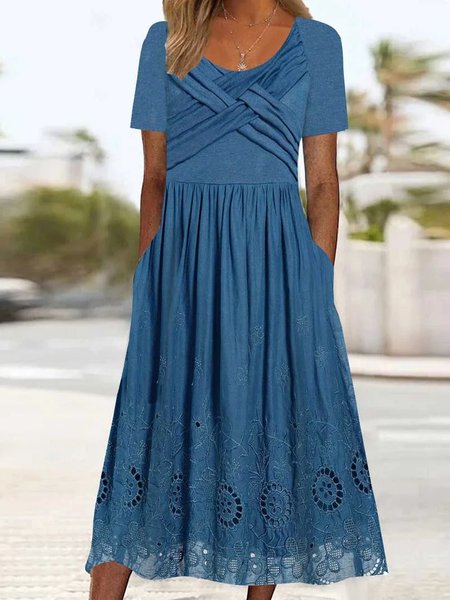 

Cotton-Blend Loose Crew Neck Casual Dress, Blue, Dresses