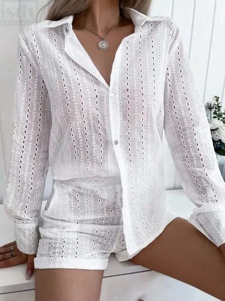 

Shawl Collar Casual Cotton Loose Two-Piece Set, White, Suit Set
