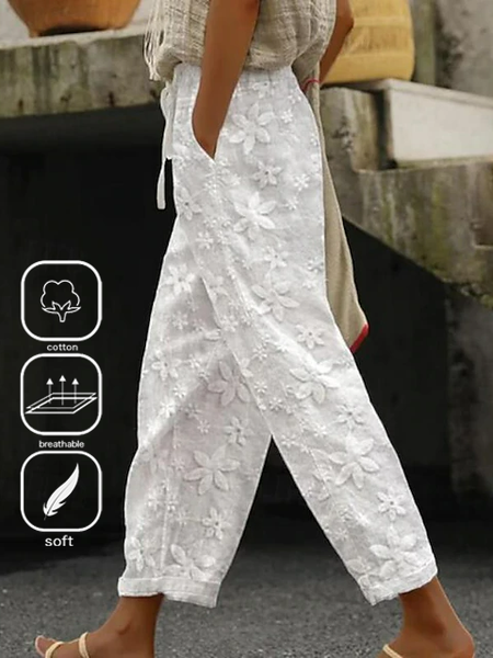 

Plain Loose Vacation Pocket Stitching Pants, White, Pants