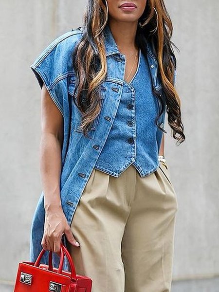 

Plain Casual Shirt Collar Denim Coat, Denim blue, Jackets