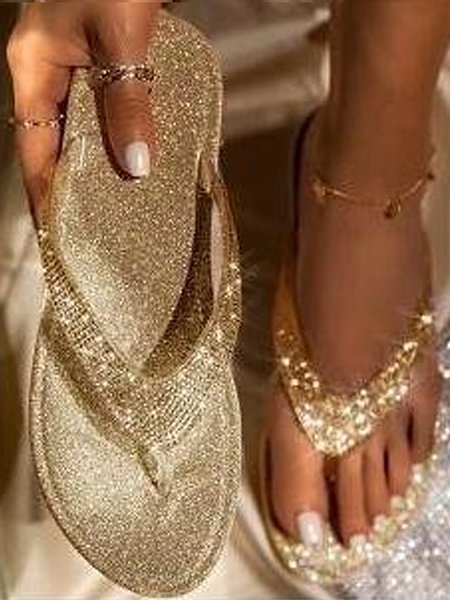 

Casual Plain Slip On Flat Heel Slide Sandals, Golden, Women shoes