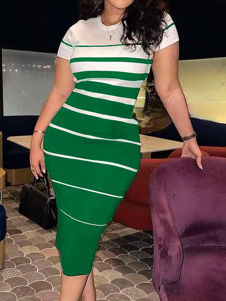 

Tight High Elasticity Striped Urban Crew Neck Short Sleeve Sweater Midi Dress, Green, Midi Dresses