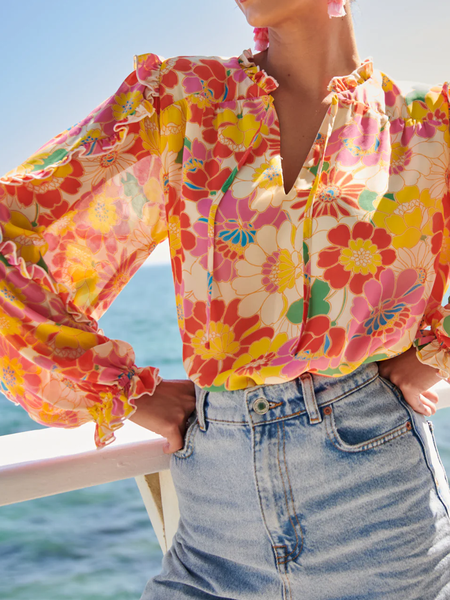 

V Neck Long Sleeve Floral Regular Loose Shirt For Women, Flower, Blouses