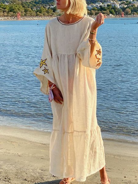 

Loose Crew Neck Plain Casual Dress, Beige, Maxi Dresses