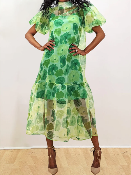 

Elegant Floral Stand Collar Short Sleeve Loose Maxi Dress, Green, Maxi Dresses