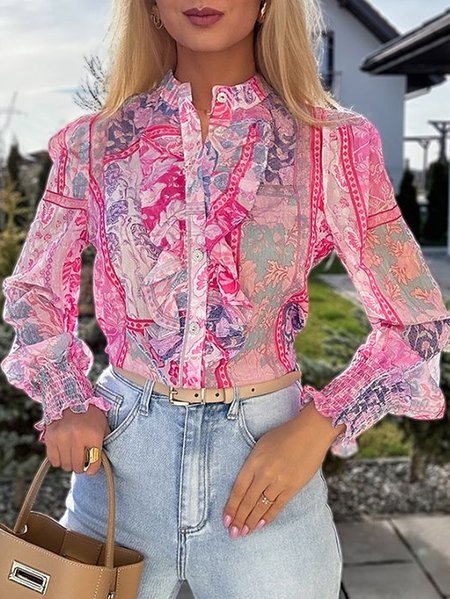 Stand Collar Long Sleeve Ethnic Regular Loose Blouse For Women, Pink, Blouses