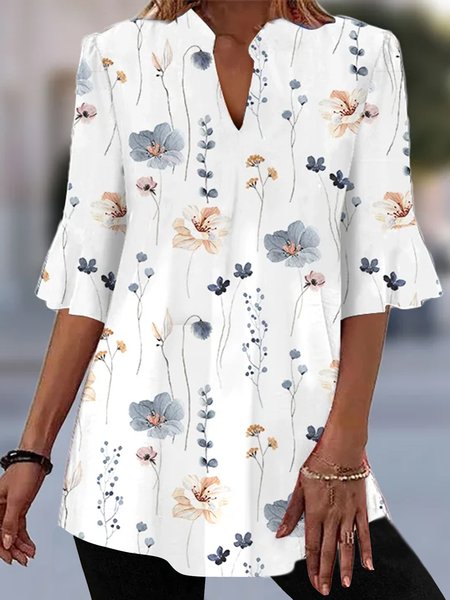 

V Neck Elegant Ruffled Sleeves Floral Shirt, White, Shirts & Blouses