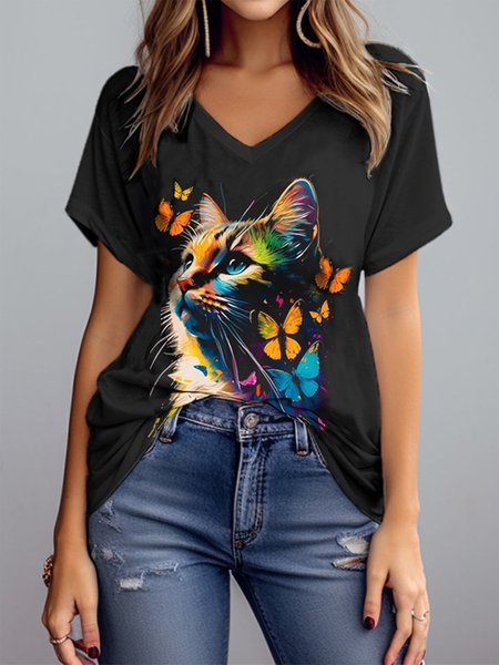 

Loose V Neck Butterfly And Cat Casual T-Shirt, Black, T-Shirts