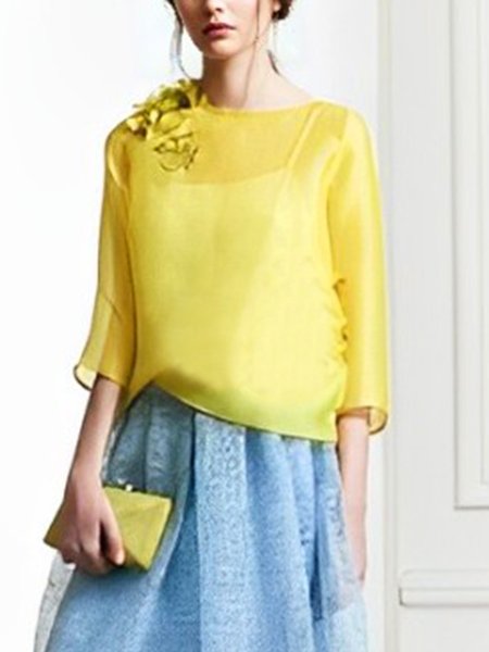 

Elegant Crew Neck Loose Plain Shirt, Yellow, Blouses and Shirts