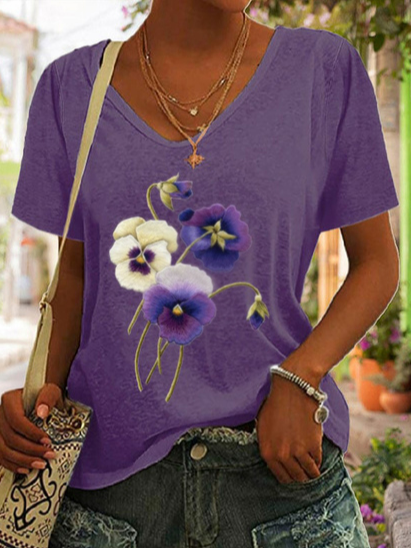 

Floral Casual Cotton-Blend T-Shirt, Purple, T-Shirts