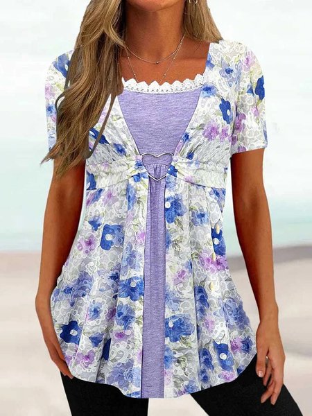 

Casual Floral Mock Two-Piece Shirt, Purple, Shirts & Blouses