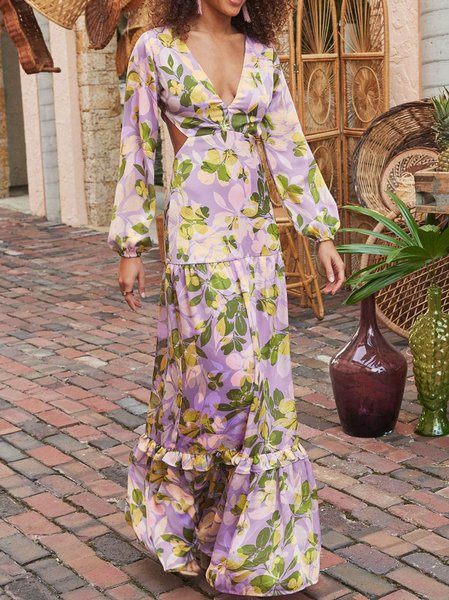 

Women Floral V Neck Long Sleeve Comfy Vacation Maxi Dress, Purple, Maxi
